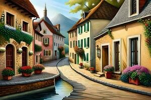 a painting of a small town with houses and flowers. AI-Generated photo