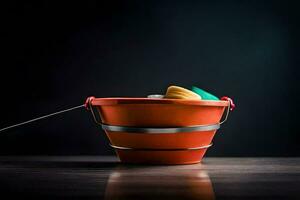 an orange bucket with a fish in it. AI-Generated photo