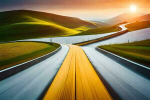 un largo la carretera con un amarillo línea en el medio. generado por ai foto