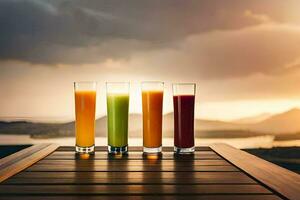 four glasses of juice on a wooden table. AI-Generated photo