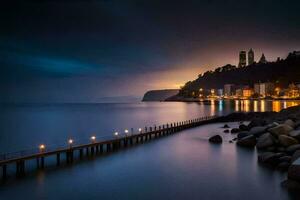 a pier at night with lights on it. AI-Generated photo