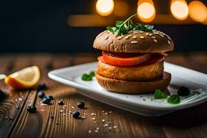 a hamburger with tomato and lettuce on a white plate. AI-Generated photo