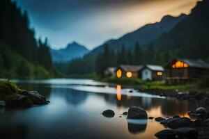 a lake and cabin in the mountains at dusk. AI-Generated photo