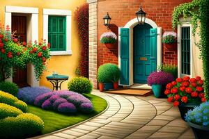 a painting of a colorful garden with flowers and plants. AI-Generated photo