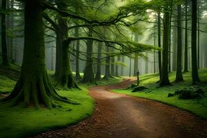 un camino mediante un verde bosque con arboles y césped. generado por ai foto