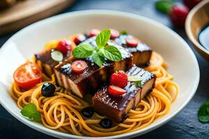 a plate of spaghetti with meat and berries. AI-Generated photo