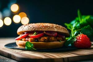 a hamburger with tomatoes and strawberries on a wooden board. AI-Generated photo