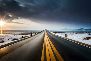 un largo la carretera en el nieve. generado por ai foto