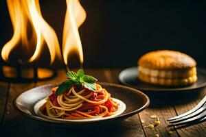 spaghetti with tomato sauce and bread on a wooden table. AI-Generated photo