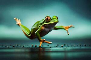 a frog jumping on the ground. AI-Generated photo