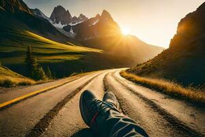 a person's feet on the road in the mountains. AI-Generated photo