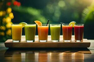 a tray of different juices on a wooden table. AI-Generated photo
