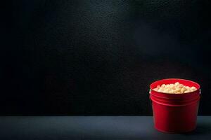 a red bucket filled with popcorn on a black background. AI-Generated photo