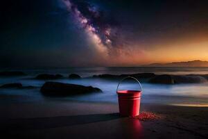 a bucket on the beach with a milky sky. AI-Generated photo