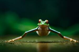 a frog is standing on its legs and looking at the camera. AI-Generated photo