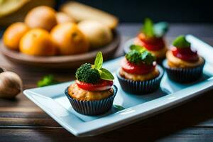 mini cupcakes with tomatoes and herbs on a plate. AI-Generated photo