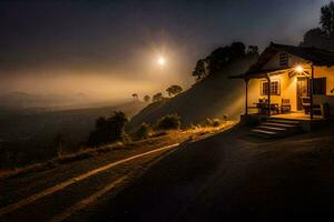 un pequeño casa se sienta en el lado de un colina a noche. generado por ai foto