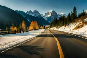 a road in the mountains with snow and trees. AI-Generated photo