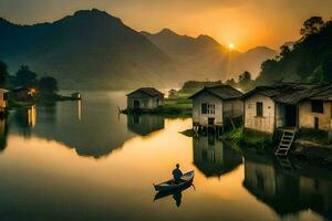 a man in a boat is floating down a river with houses on the shore. AI-Generated photo