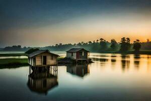 two small houses sit on the shore of a lake at sunset. AI-Generated photo