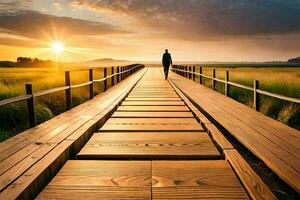 un hombre camina a través de un de madera puente a puesta de sol. generado por ai foto