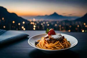 un plato de espaguetis con un fresa en cima. generado por ai foto