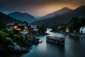 a lake and a small village in the mountains. AI-Generated photo