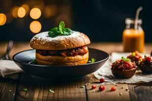 a burger with meat and vegetables on a plate. AI-Generated photo