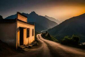 a road leading to a house in the mountains. AI-Generated photo