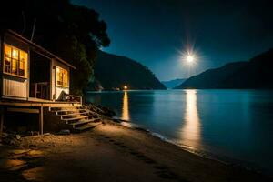 a cabin on the beach at night with the moon shining. AI-Generated photo