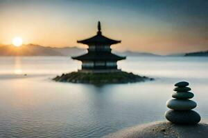 a pagoda in the water with rocks stacked on top. AI-Generated photo