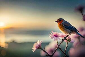 un pájaro se sienta en un flor rama a puesta de sol. generado por ai foto