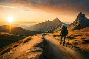 un hombre camina en un la carretera en el montañas. generado por ai foto