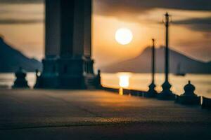 a person walking along the pier at sunset. AI-Generated photo