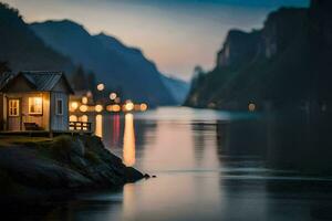 photo wallpaper the sky, mountains, water, house, light, night, house, the house. AI-Generated