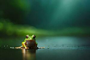 un rana sentado en el suelo en el lluvia. generado por ai foto