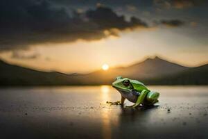 a frog sitting on the ground at sunset. AI-Generated photo