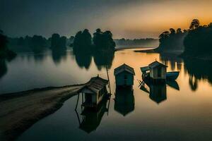 three small boats sit on the shore of a lake at sunset. AI-Generated photo