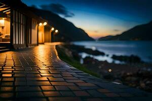 a walkway along the shore at night. AI-Generated photo