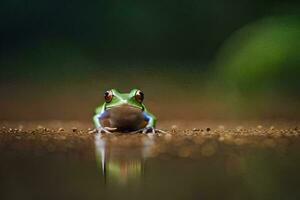 a frog sitting on the ground with its reflection in the water. AI-Generated photo