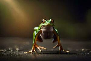 a frog is standing on its hind legs. AI-Generated photo