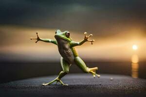 a frog jumping on the ground with its arms outstretched. AI-Generated photo