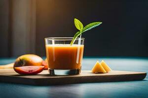 a glass of juice with a slice of apple and a piece of cheese. AI-Generated photo