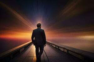 a man in a suit walks along a bridge at sunset. AI-Generated photo