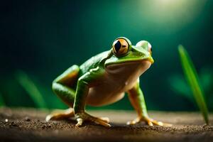 un rana es en pie en el suelo con un brillante ligero detrás él. generado por ai foto
