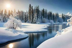 photo wallpaper the sky, snow, trees, river, sun, trees, river, winter,. AI-Generated