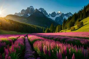 a field of purple flowers and mountains in the background. AI-Generated photo