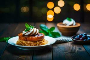 pasta with whipped cream and berries on a wooden table. AI-Generated photo