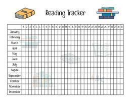 Reading Tracker template for kids. Books reading by day and month worksheet. Vector blank page with cute doodle design