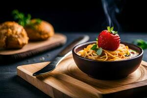 spaghetti with a strawberry on top. AI-Generated photo